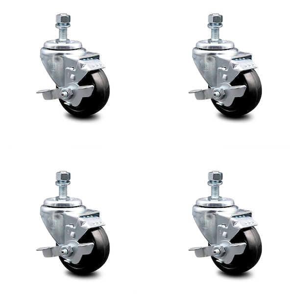 3.5 Inch Hard Rubber Wheel Swivel 12mm Threaded Stem Caster Set with Brake